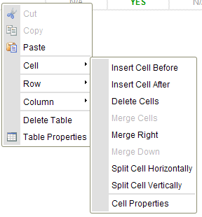 The cell context menu